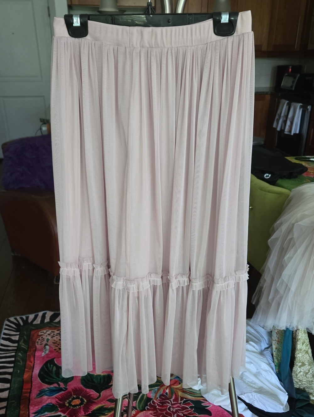 Women's Pink Sheer Overlay  Tiered Maxi Full Skirt